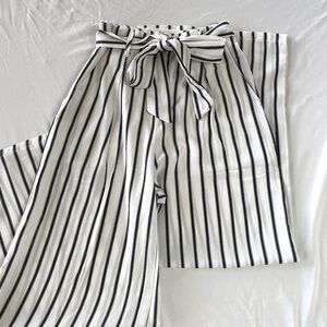 Black and white striped silk pants with attached silk belt